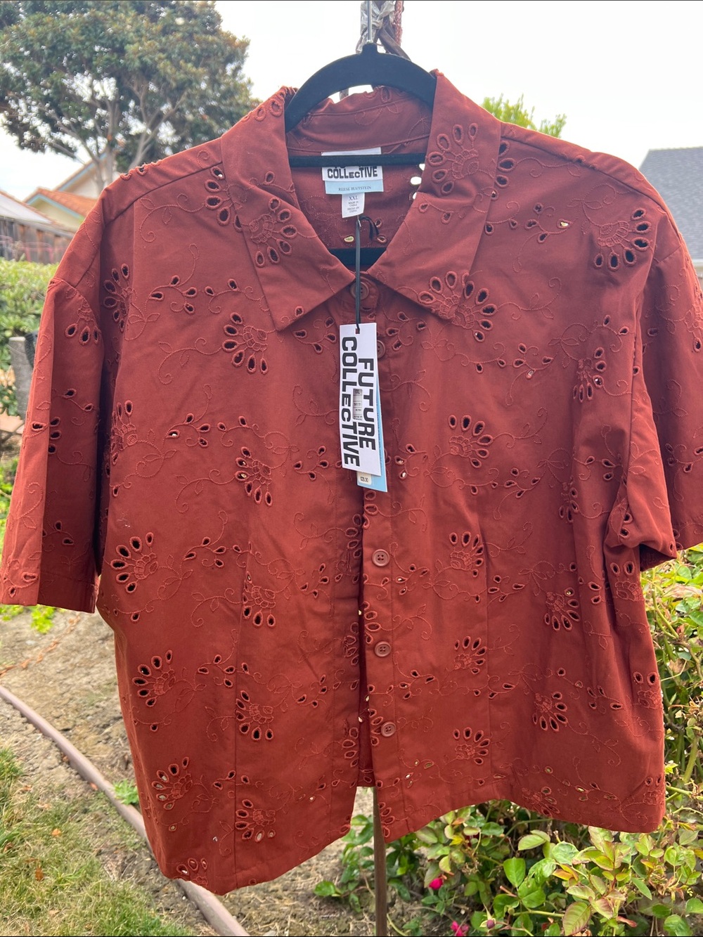 Future Collective Brick Red Eyelet Short-Sleeve Shirt - Picture 3 of 8